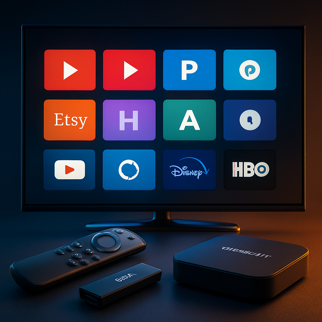 Firestick and Android TV box beside a TV showing IPTV streaming apps