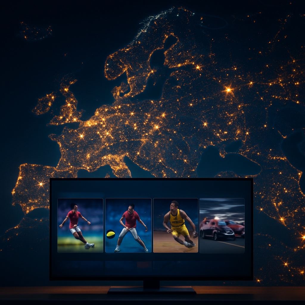 Glowing map of Europe with streaming connections and a smart TV in front