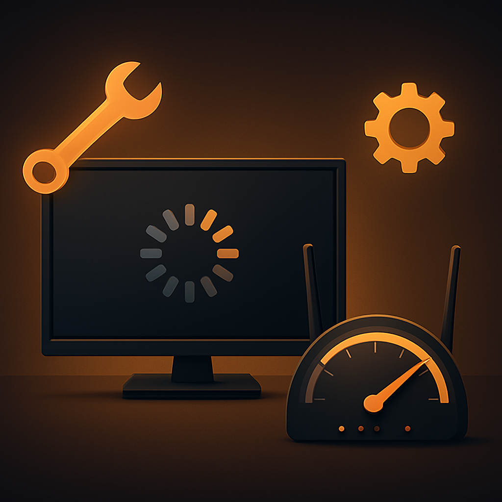 Smart TV showing a buffering icon being fixed with a router and speed gauge