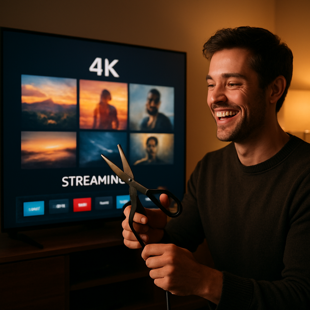 Person cutting a cable cord in front of a modern smart TV streaming content