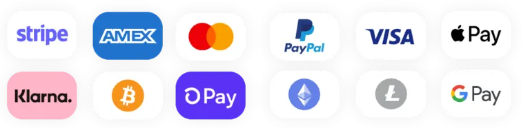 Payment methods: Stripe, AMEX, Mastercard, PayPal, VISA, Apple Pay, Klarna, Bitcoin, Google Pay, Ethereum, Litecoin